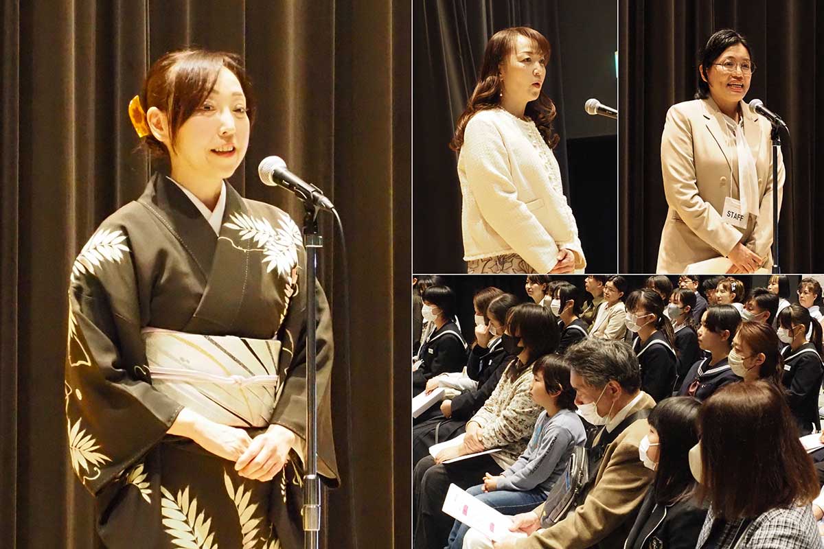 アカデミー校長の菊池由美子さん（左の写真）らの激励に1期生が耳を傾ける