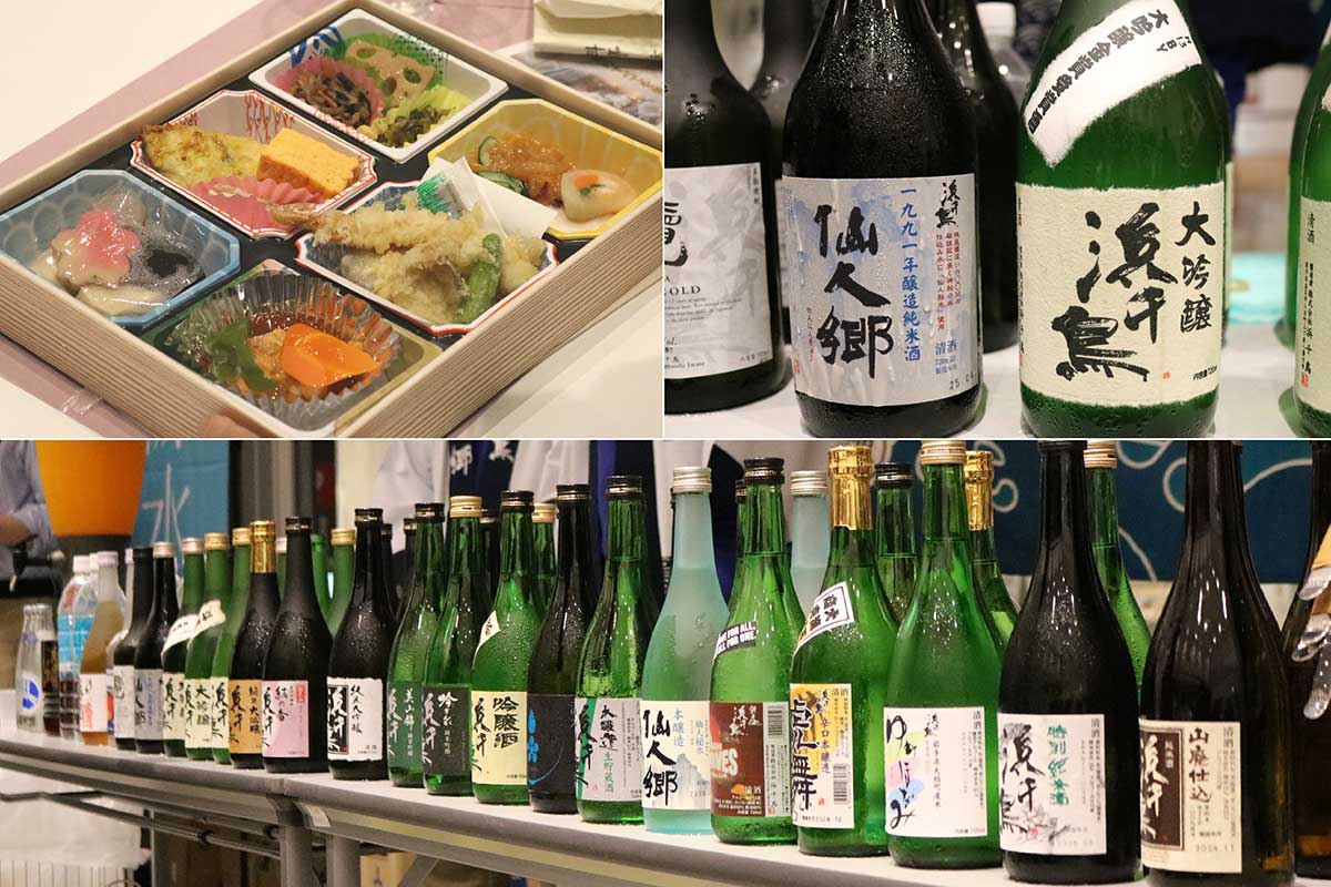 おつまみは料亭幸楼の仕出し料理（写真左上）。試飲コーナーには古酒（同右上）を含む浜千鳥のさまざまな酒が並んだ。