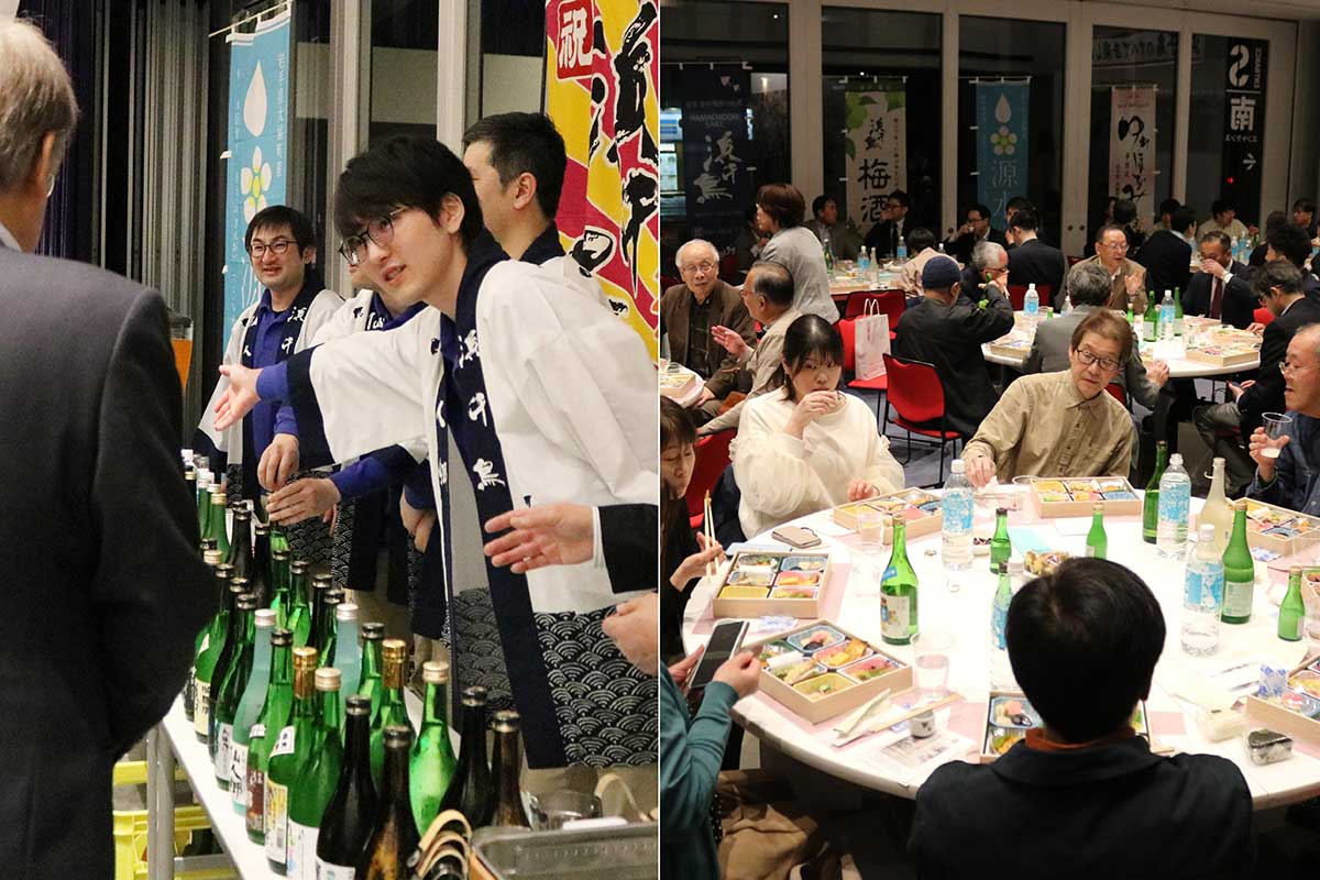 客の好みに合う酒を社員らが提案（写真左）。日本酒にはやっぱり和食。飲んで食べて参加者同士の交流も（同右）