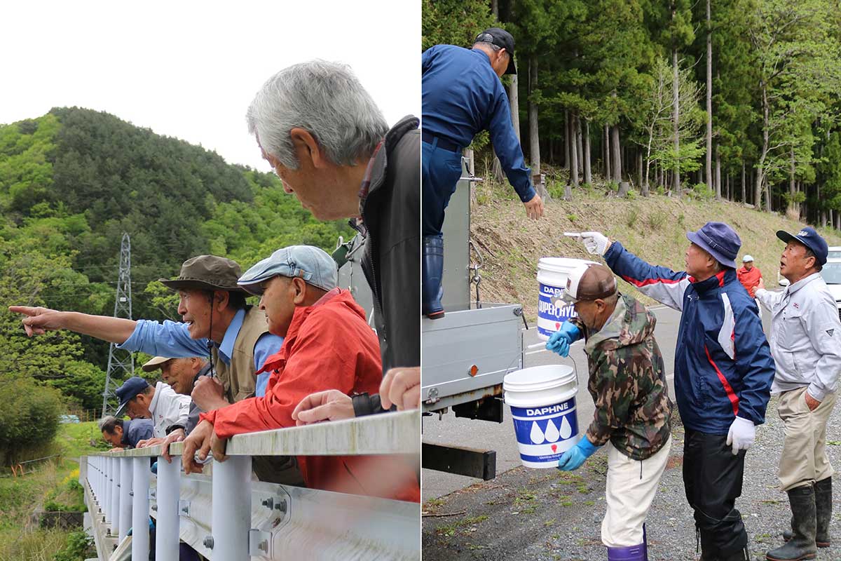 今季のアユ釣りを楽しみにする組合員ら。川の状態も確認（写真左）