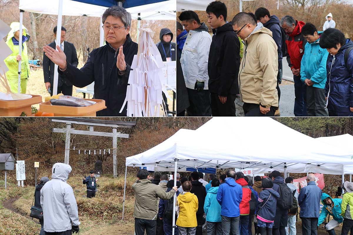 自治体、警察、観光関係者らが神前に玉串をささげ、今年1年の登山の無事を祈った