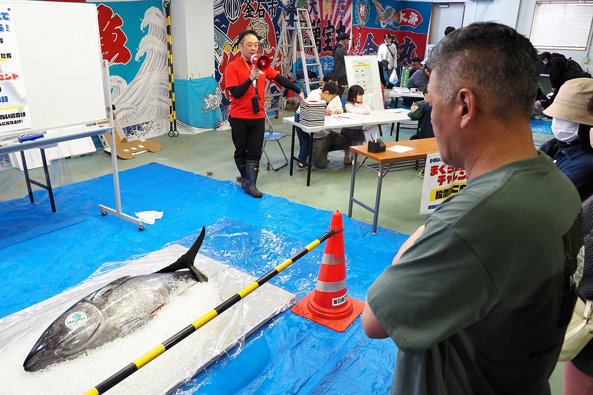 マグロの重さ当てクイズも。じっと目を凝らす挑戦者