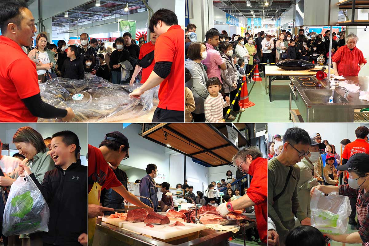 マグロの解体ショーを通じて触れ合う鮮魚店と買い物客ら
