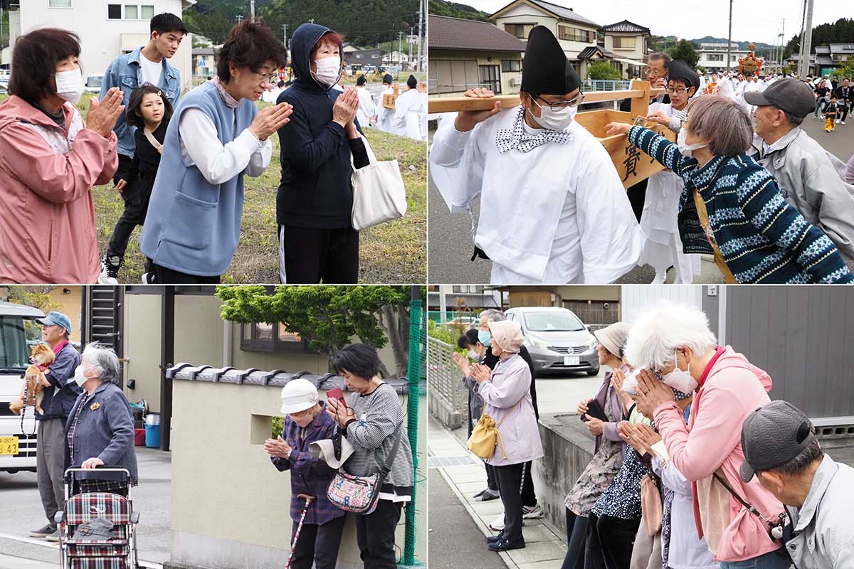 神輿が通ると手を合わせ、願いを込めた。「みなが元気で」