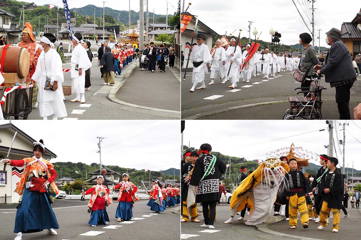 白装束で厳かに神輿渡御。芸能団体は華やかに彩りを添える