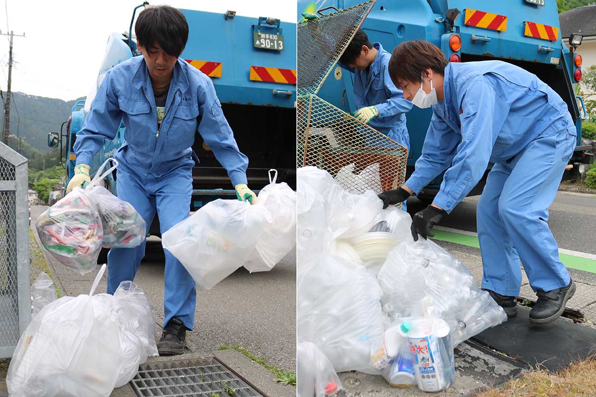 市の委託業者「新菱和運送」によるプラごみの収集作業（ペットボトルと同時回収）。17日は車両6台が稼働