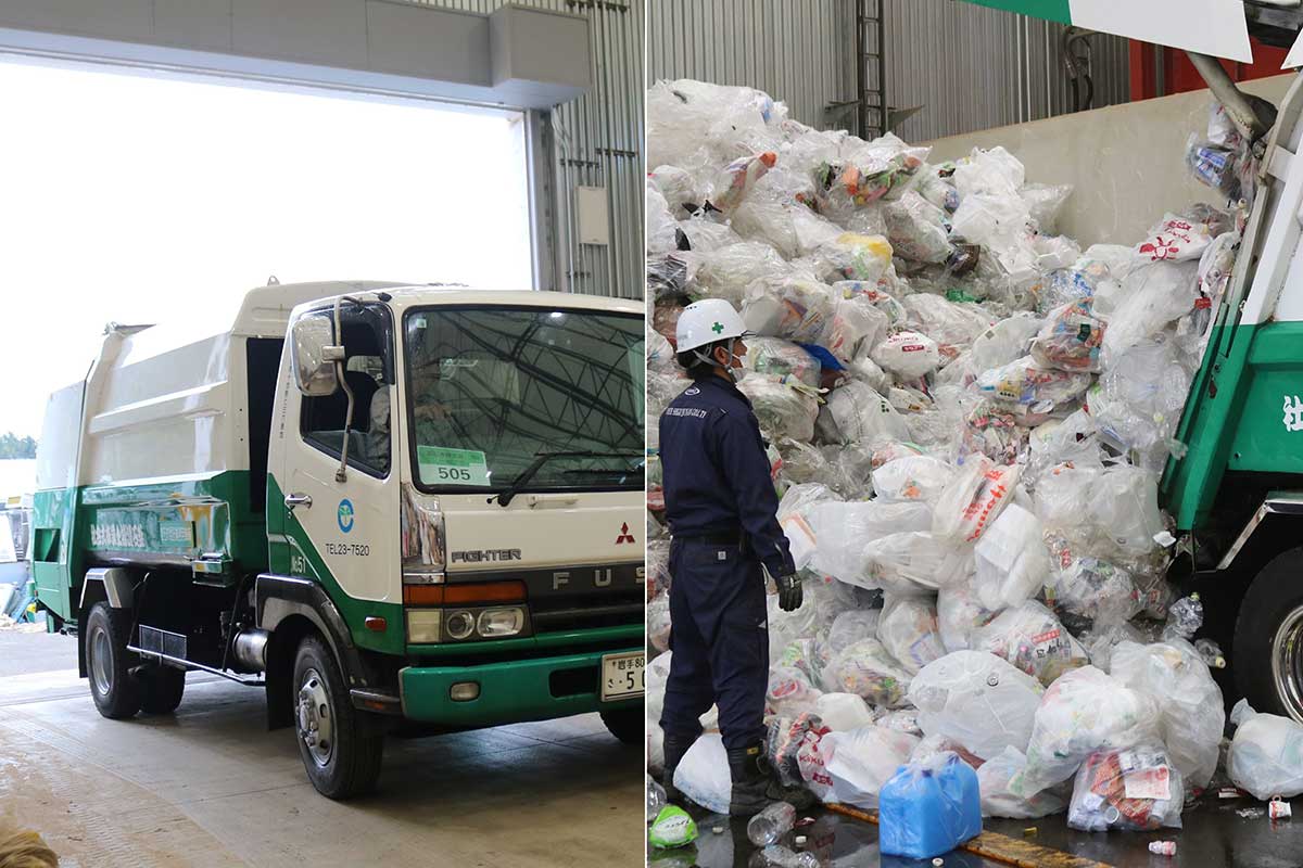 収集した家庭プラごみは岩手資源循環の処理施設（釜石総合リサイクルセンター）に搬入される（17日午前撮影）