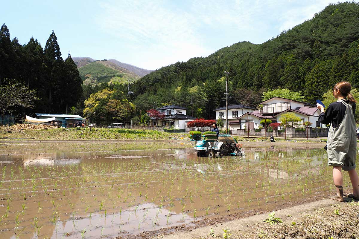 田植え体験をした「やまとき田んぼ」。周囲には豊かな自然が広がる