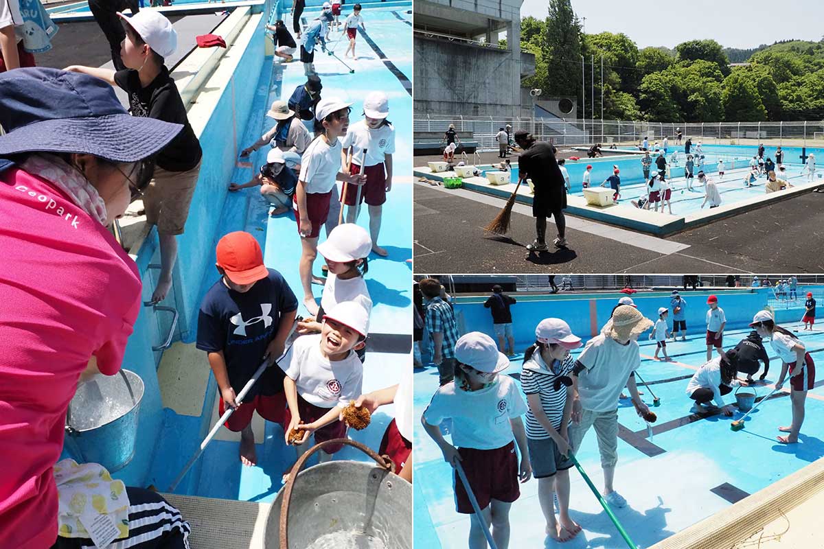 「水、くださーい」。力を合わせたプール掃除も楽しそう