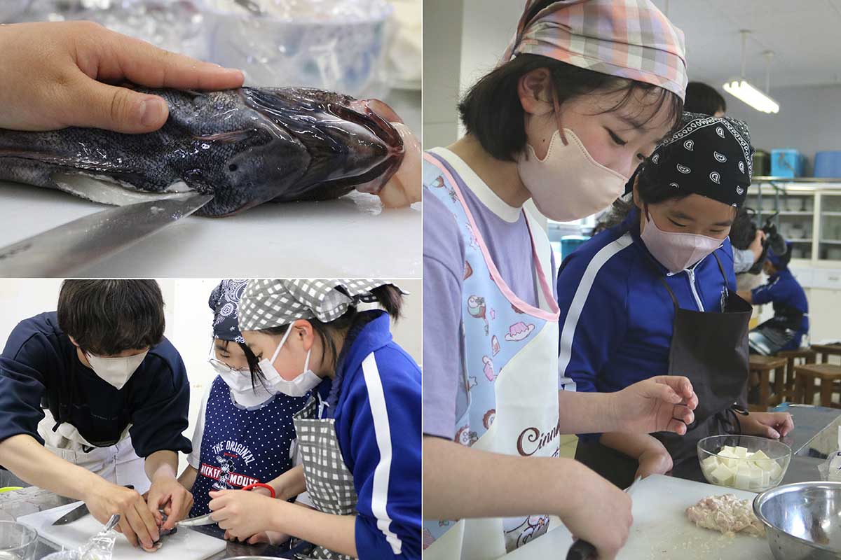 尾から頭に向かって包丁を入れる。エラとあごの付け根ははさみで切る（写真左）。肝も刻んで準備万端（同右）