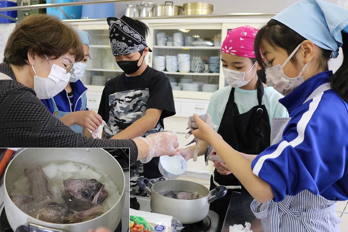 ダイコンとドンコの頭、酒を入れて煮る。身は崩れやすいので最後に入れる