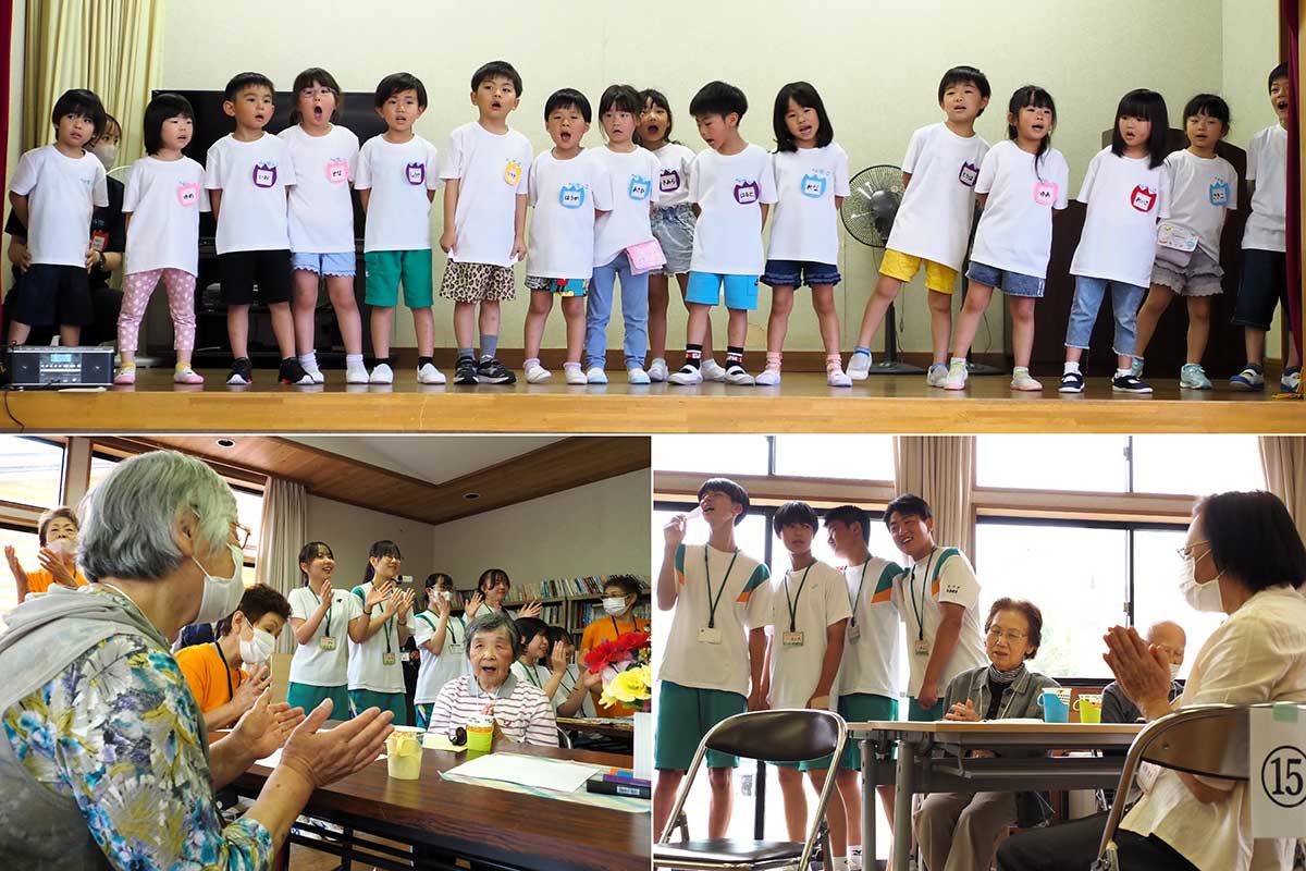 園児、中学生、地域住民が歌声を合わせて「あ～あ～、かわの…」