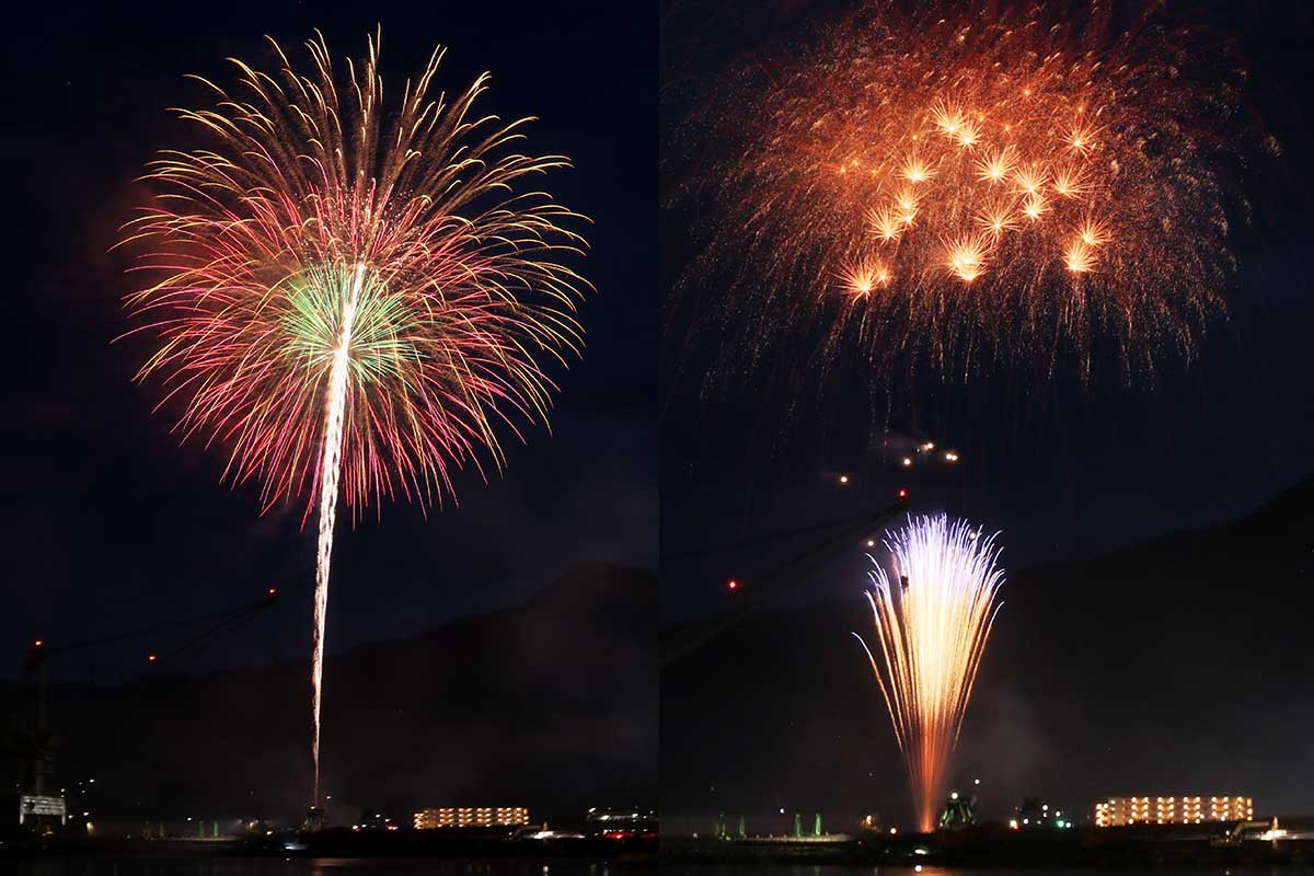 花火は釜石港内南防波堤から打ち上げ。魚市場会場から臨む花火風景
