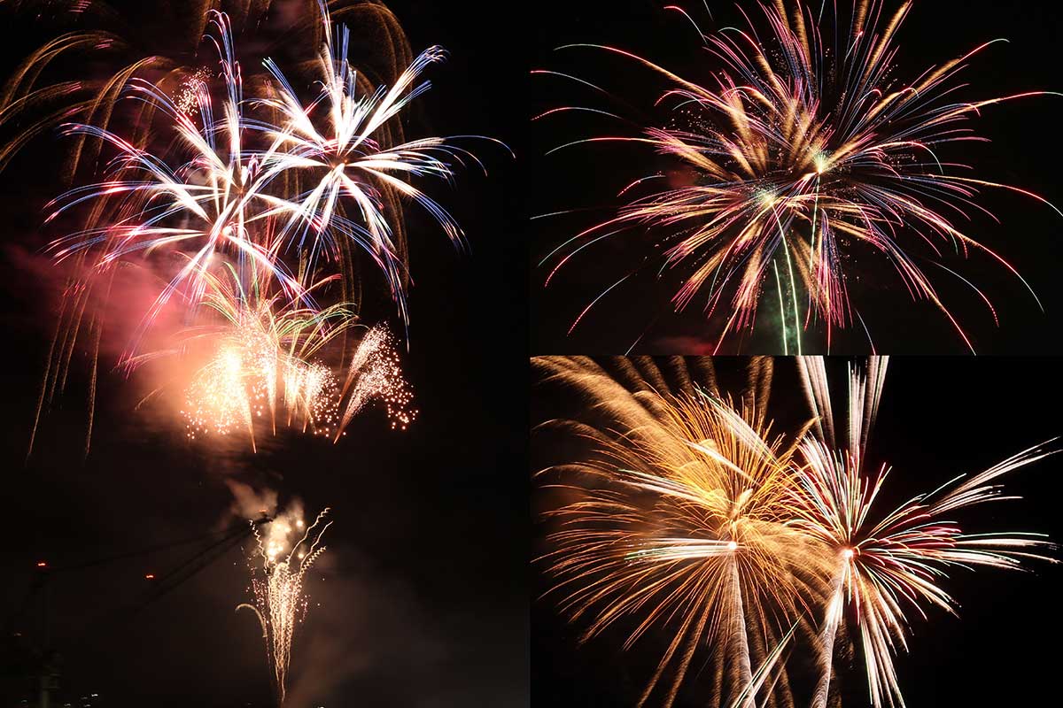 約1時間にわたり約3千発を打ち上げ。プログラムは事前にWeb上で公開。当日も会場アナウンスで紹介した