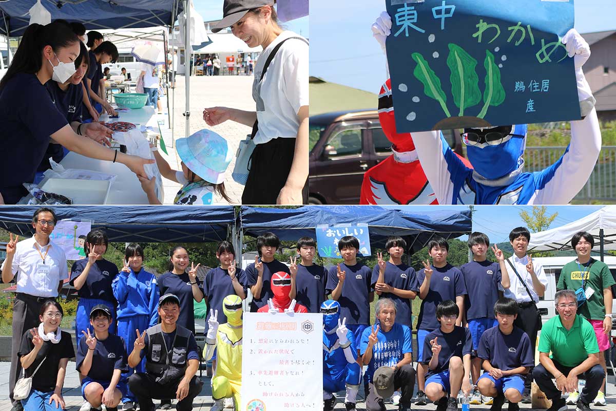 「てんでんこレンジャー」も呼び込みに活躍(右上)。完売後、笑顔を輝かせる生徒、教職員ら(下)