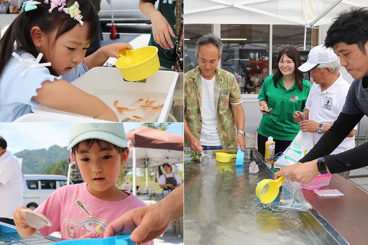 鵜住居町内会による夏の好評企画「メダカ、金魚すくい」。多くの子どもたちが挑戦した