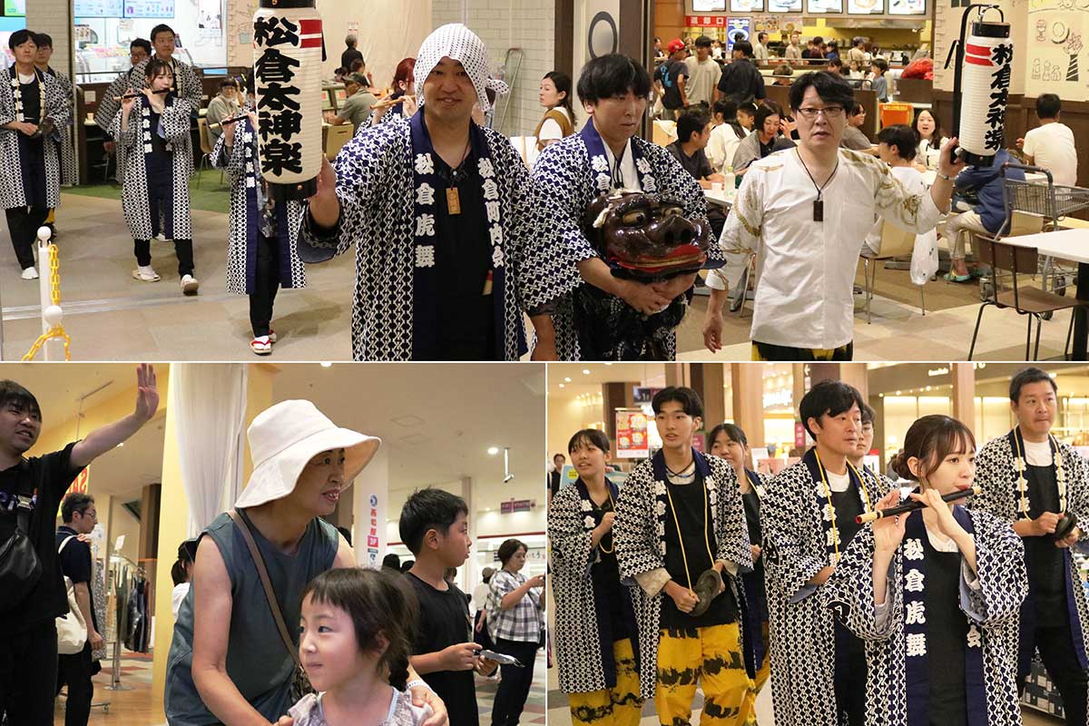体験教室に先立ち、お囃子を響かせながらイオン館内を練り歩く松倉町内会芸能部メンバー
