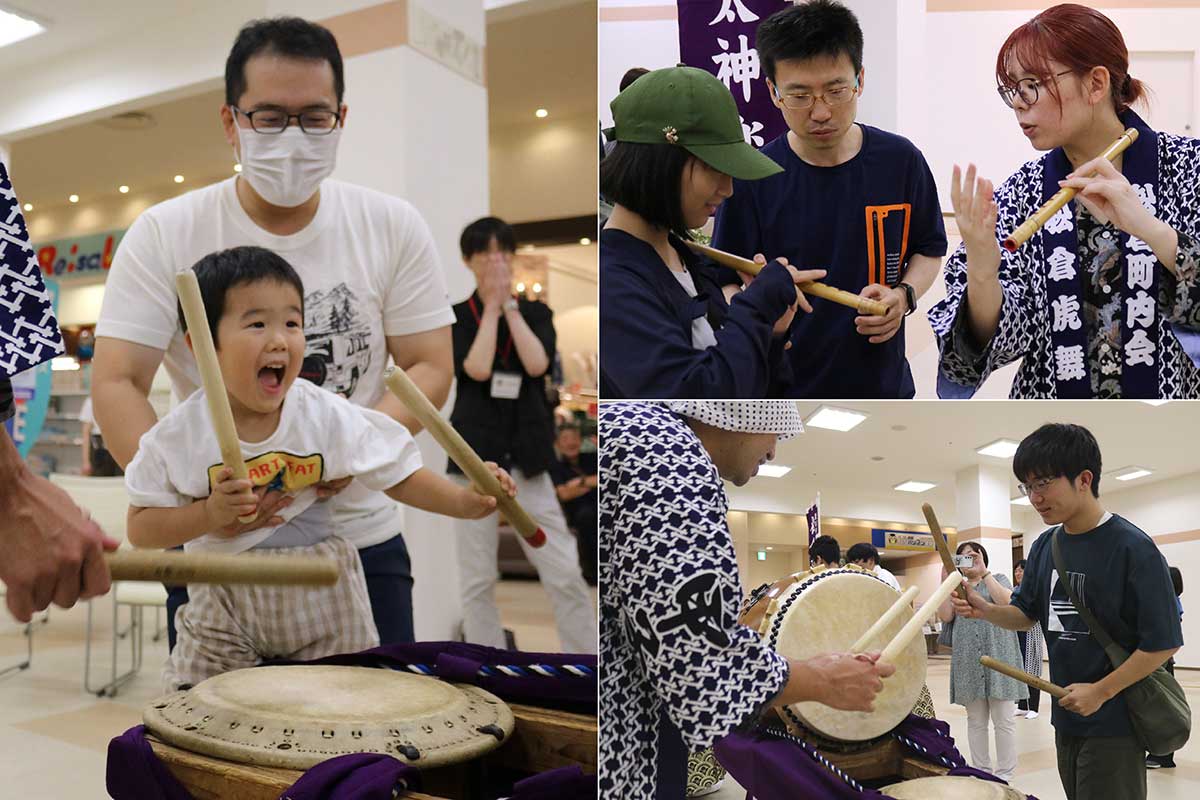 芸能部メンバーに教わりながら太鼓や笛に挑戦。やってみると「たのしー!」