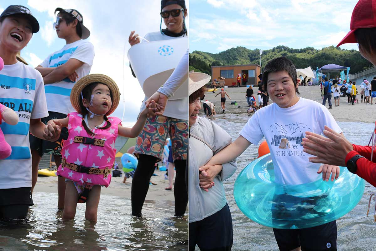 浅瀬からゆっくりと足を踏み入れ、波の感触を楽しむ