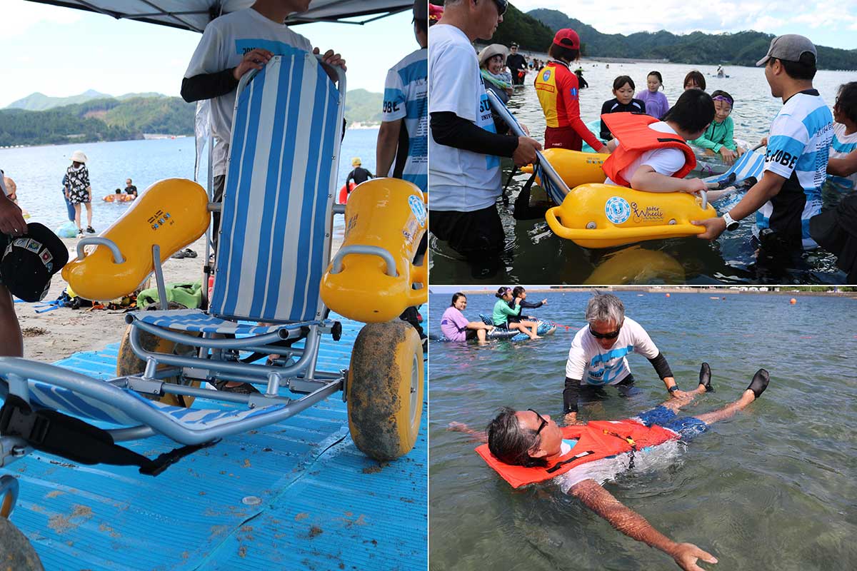 水陸両用車いす(左)は座ったまま海に入れる。身に付けた救難用ライフジャケットは頭部後方に座布団状の浮き袋があり、車いすをはずして自分で浮くことも可能(右下)