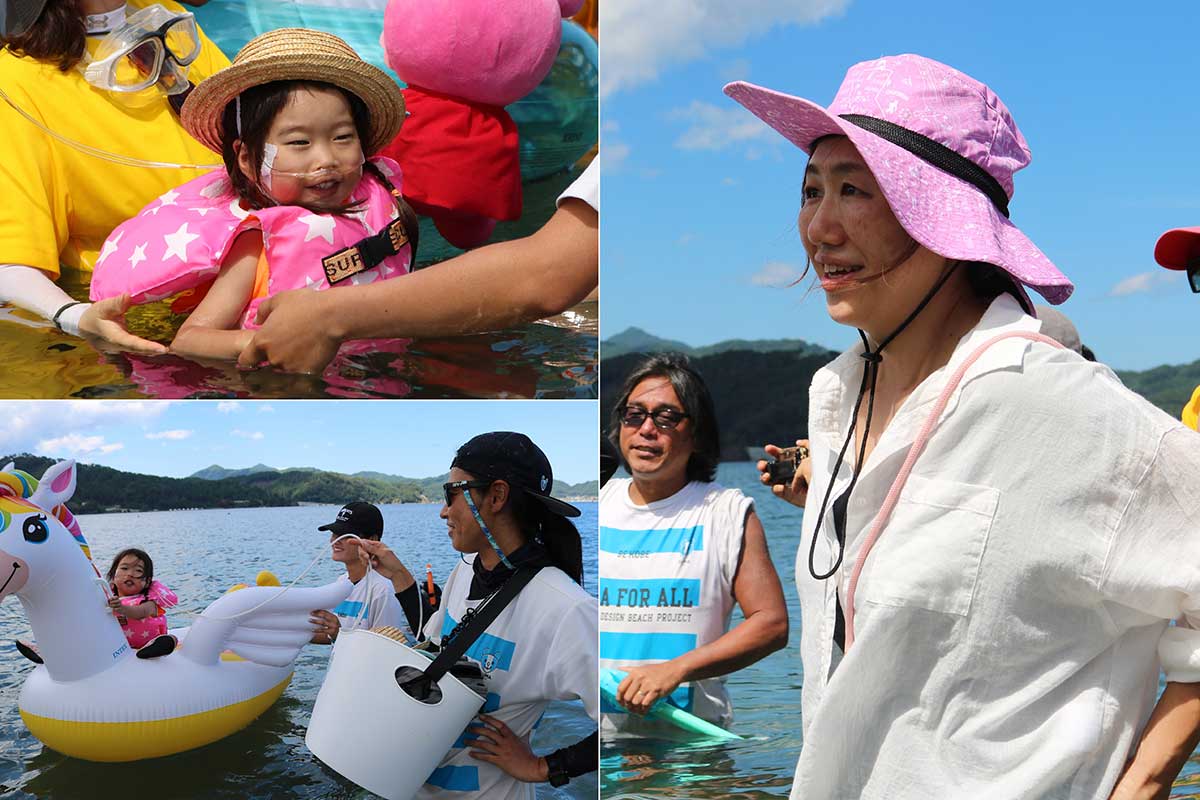 海水浴を楽しむわが子の姿をうれしそうに見つめる佐々木江利さん(右)