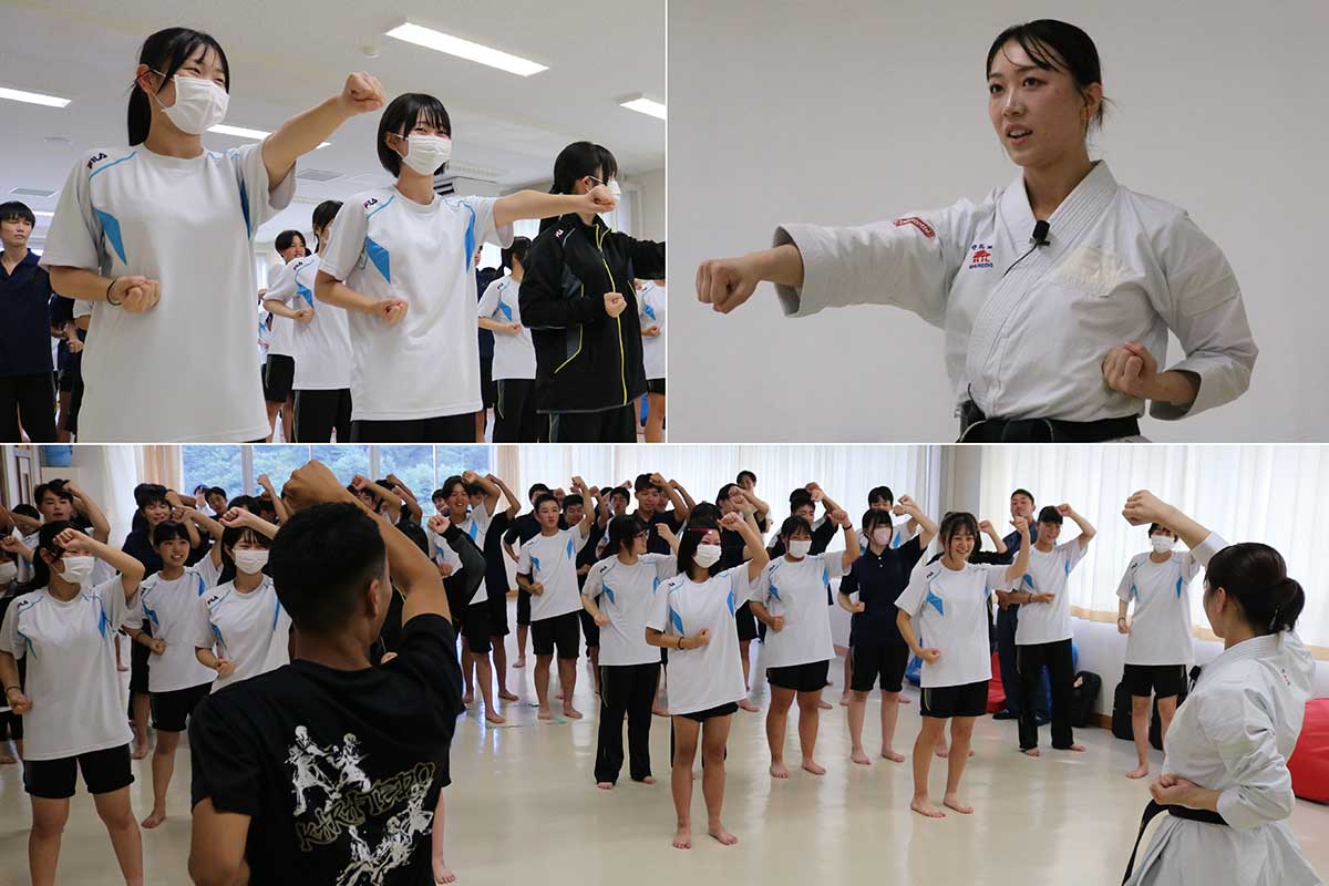 空手の基本動作「突き」を学ぶ。大内さん(右上)の動きをまねて…