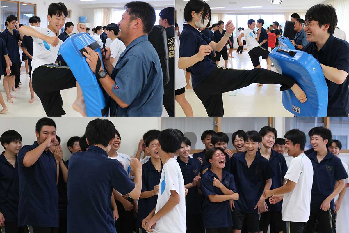 教諭が持つミット目がけ「蹴り」にも挑戦! なかなかない体験にこの笑顔