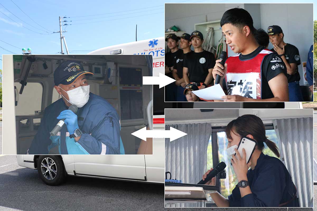 救急隊は走行中の救急車から通報者(家族など)に折り返し電話し情報収集。救急隊とドクターカーの医師、看護師は患者情報を共有。ドッキングポイントを確認し、到着時間などを相互連絡