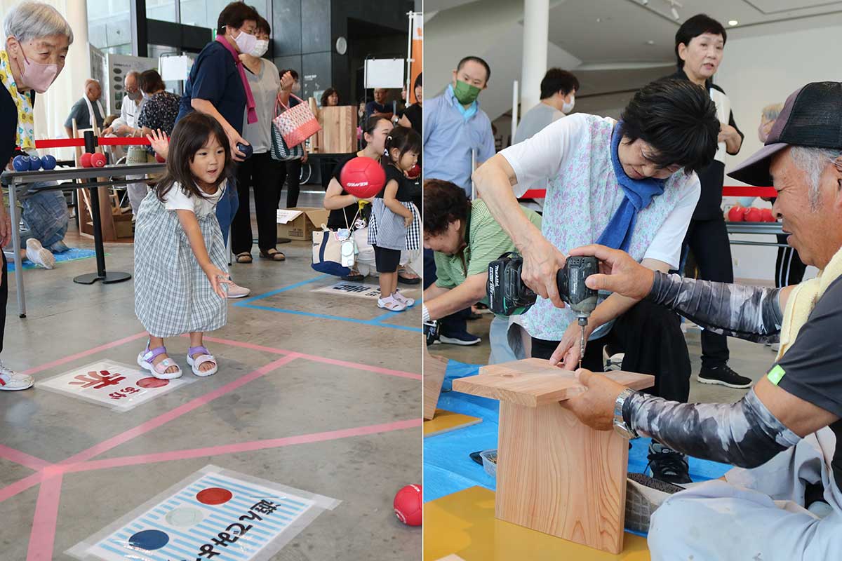 ボッチャを楽しむ子ども(左)。釜石建設組合の木工体験も人気(右)