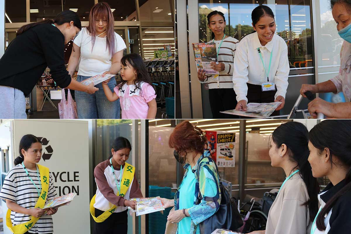 ネパール出身学生が日本語で「交通安全お願いします!」と声をかけながら啓発物品を配布した