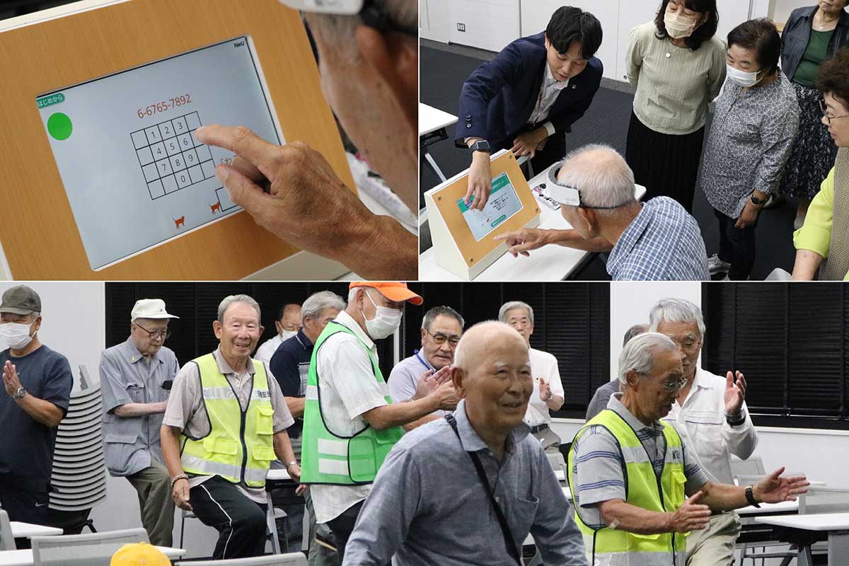 写真上:認知機能の簡易診断を受ける参加者 同下:頭と体を同時に動かす「コグニサイズ」に挑戦