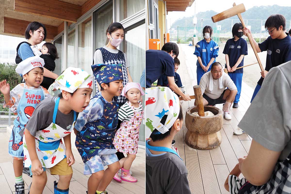 中学生が餅をつく様子を園児はわくわくしながら見つめた