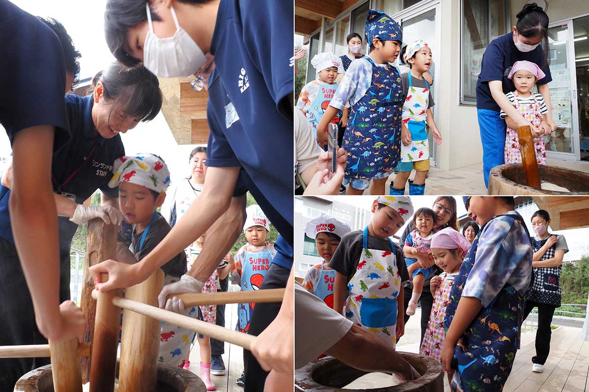 かけ声、力を合わせて餅をつき上げて満足げな参加者