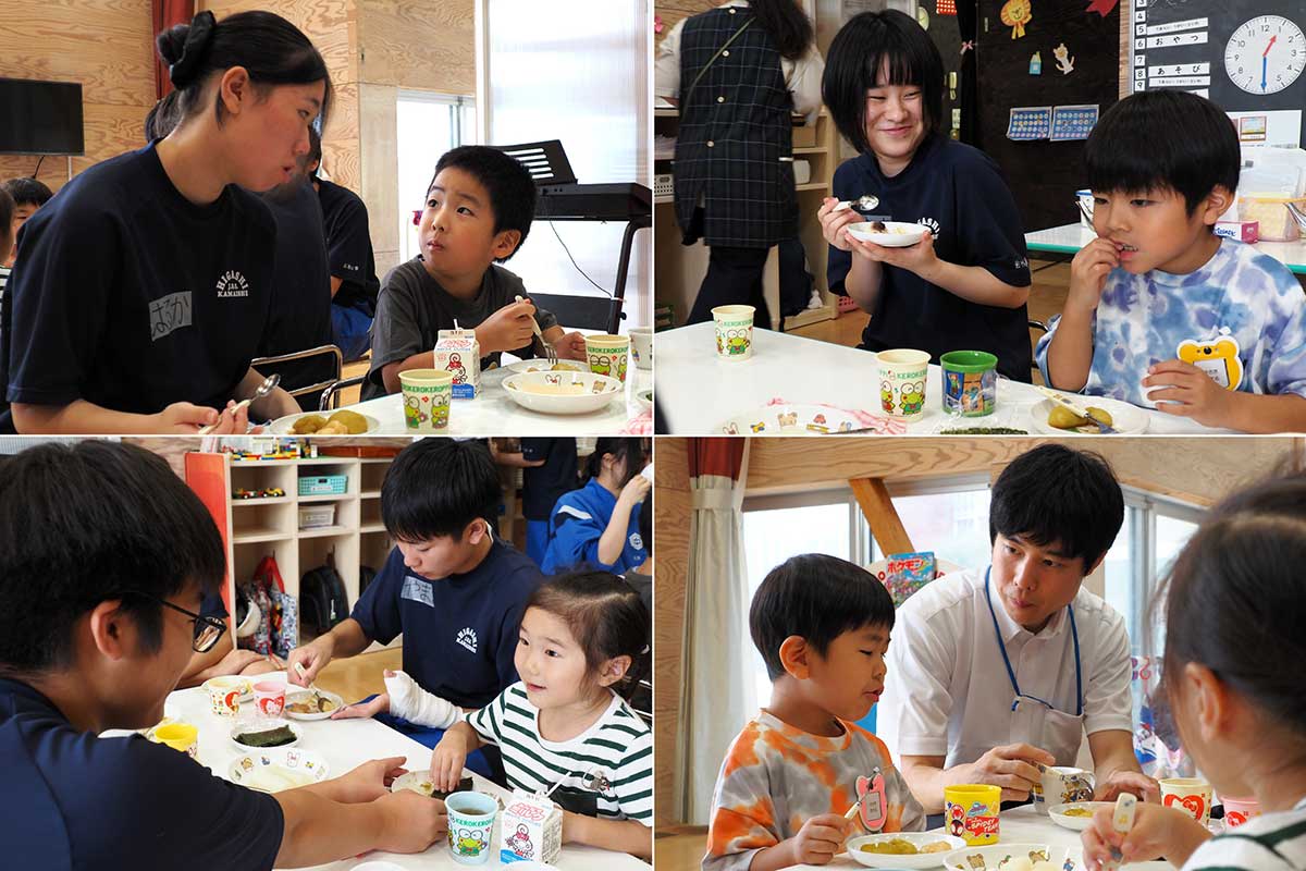園児が餅を食べやすいよう手助けしたり頬張る笑顔を見つめたり