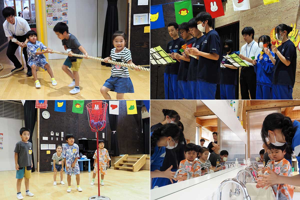 運動会の練習で交流。中学生はハンドベルの演奏も披露した