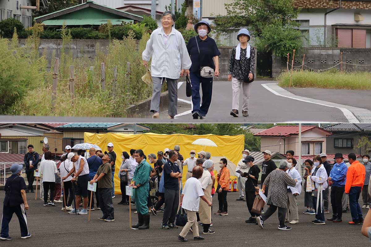 住民が小川川から離れた高い場所を目指し避難。上小川・中小川集会所駐車場で地区ごとに避難者数を確認した