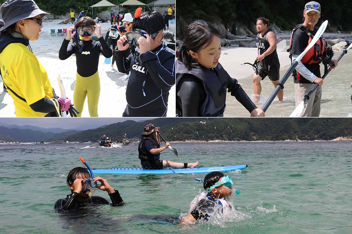 インストラクターから装備やパドルのこぎ方を教わり、海遊びスタート!