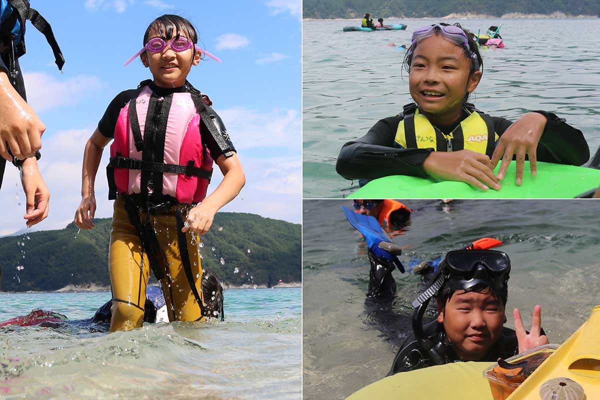 さまざま遊びに笑顔を輝かせる子どもら。海の気持ち良さを満喫
