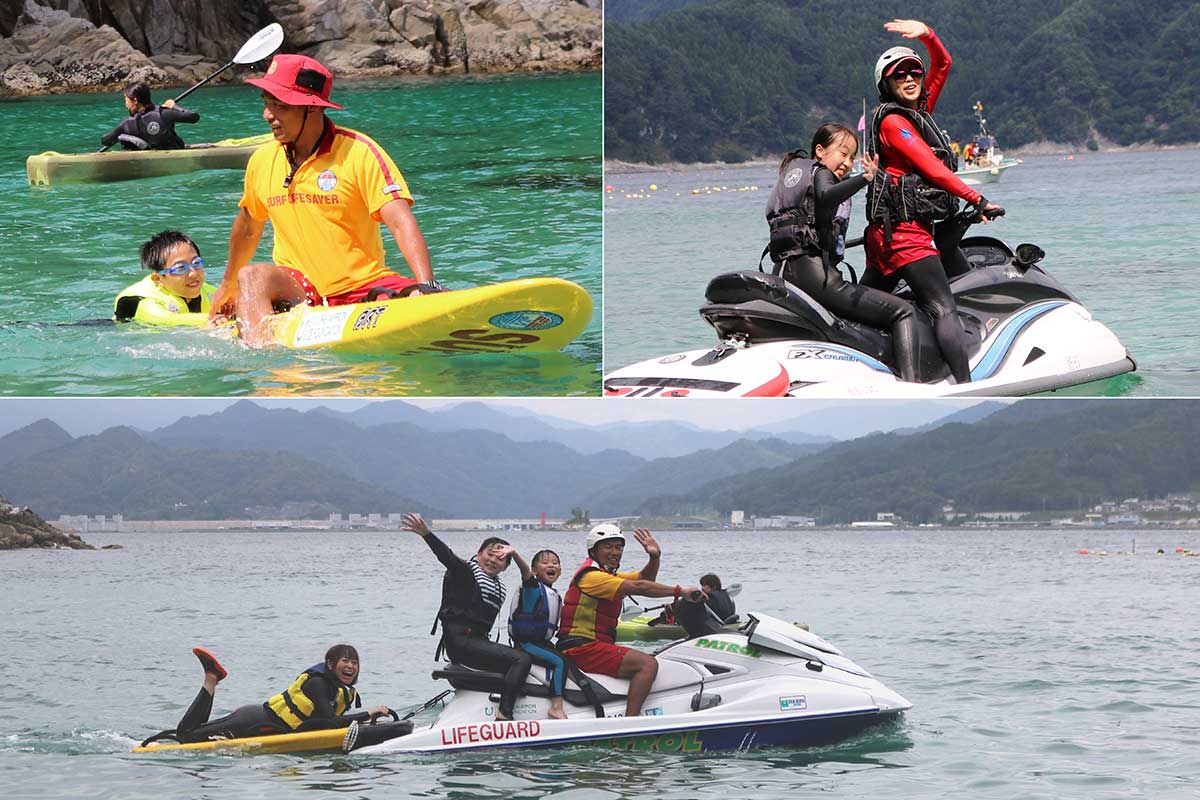 ライフセーバーは海上パトロールや水上オートバイ体験の操縦に大忙し