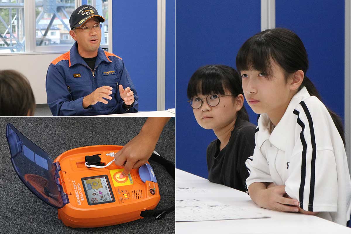 木村一生救急係長(左上)からAED(左下)の役割などを学ぶ