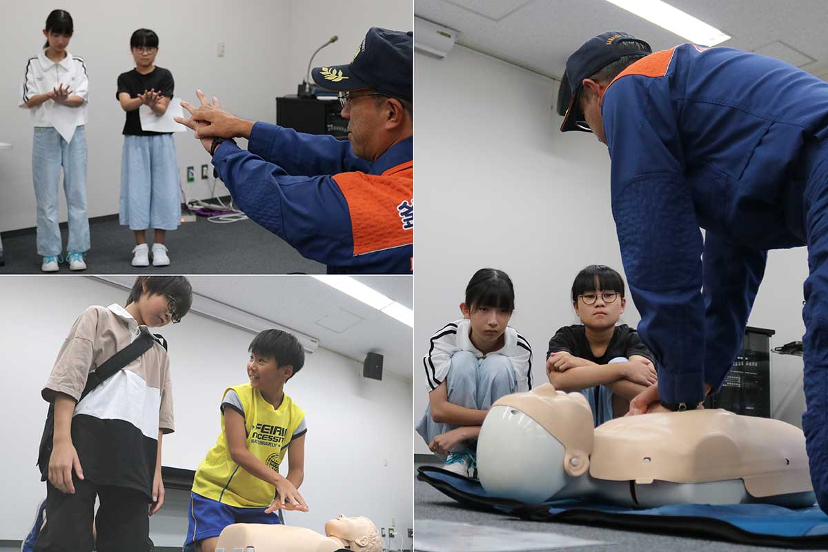 7日の「救急ひろば」で来場者に心肺蘇生法を体験してもらうために事前学習