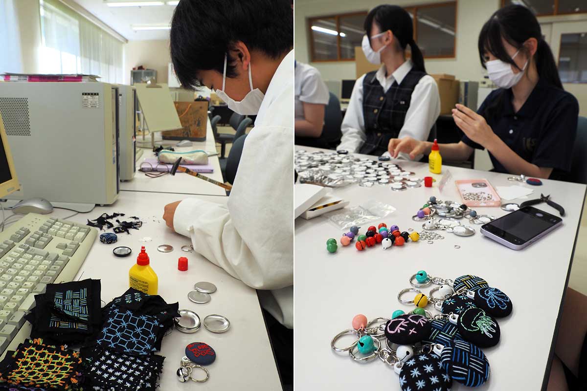 生徒たちが思いを込めて手づくりする刺し子のくるみボタン