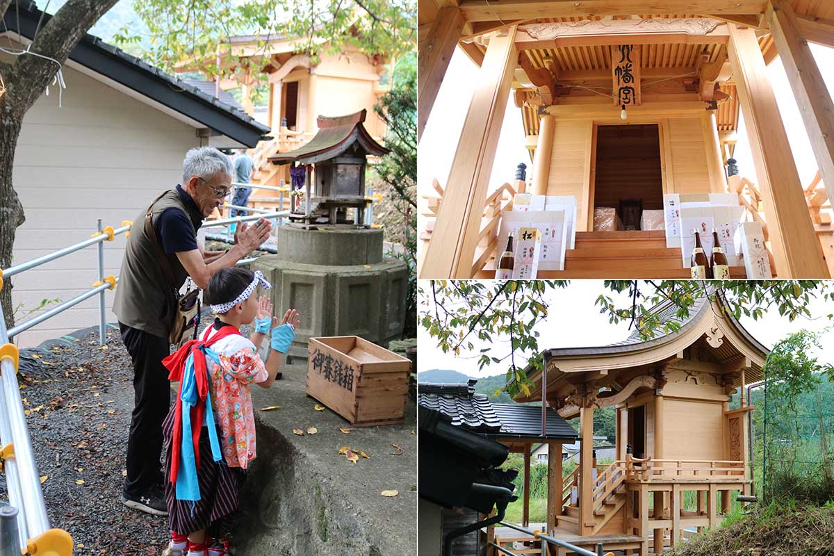 新築整備された澤田八幡神社の本殿（右）。新たに整備された参道（左）。参集殿の建物内を通らず参拝できる