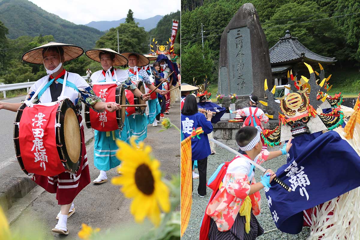 郷土芸能団体など関係者が三浦命助生誕の地・上栗林に建てられている顕彰碑に足を運んだ