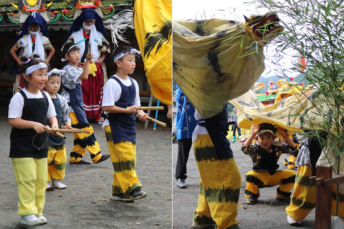 次世代を担う子どもたちも躍動。子虎の「笹喰み」（右）に見物客もにっこり