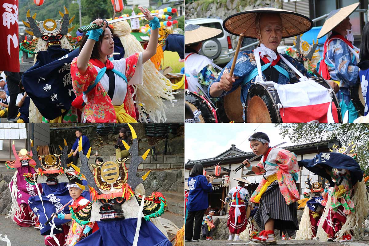 幅広い世代が太鼓や笛、踊りを担当。郷土芸能は世代間交流の場にも