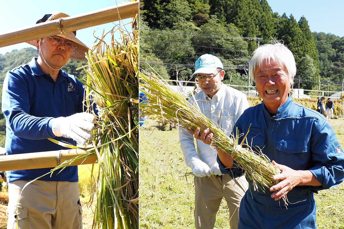 酒造り、米作りに気持ちを合わせる新里進社長（左の写真）と佐々木重吾さん（右の写真、右）