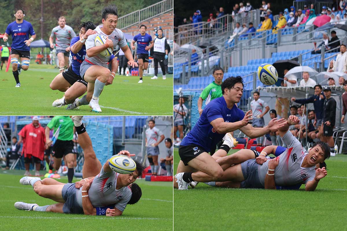 後半7分、ゴール前で相手に倒されるもチーム初トライを決めるWTB千葉健