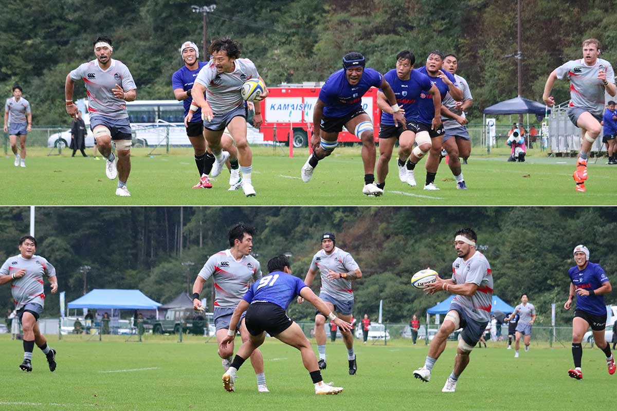 相手得点直後のキックオフボールをキャッチ。攻撃の起点をつくるWTB小野航大(上)。ここからSH南篤志、ロック山田龍之介とつなぎゴール前に運ぶ