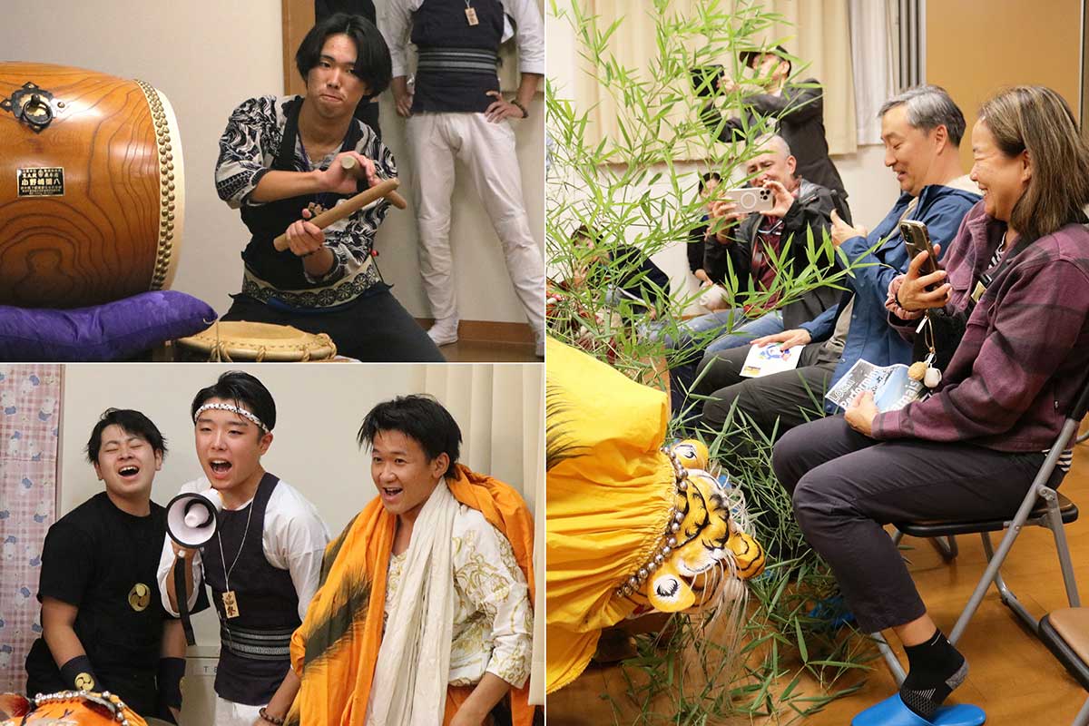 威勢のいいお囃子とかけ声で演舞を盛り上げるメンバー(左)。外国人客は初めて見る虎舞にこの笑顔(右)